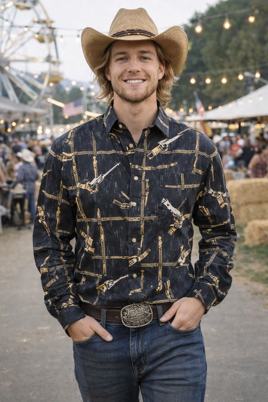 Bit And Bridle Mens Button Up Shirt Revolver Bullets AOP Western Rodeo Cowboy L